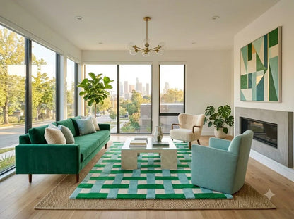 Hand Tufted Wool Carpet, Green, Basketweave, Geometric, Modern Area Rug