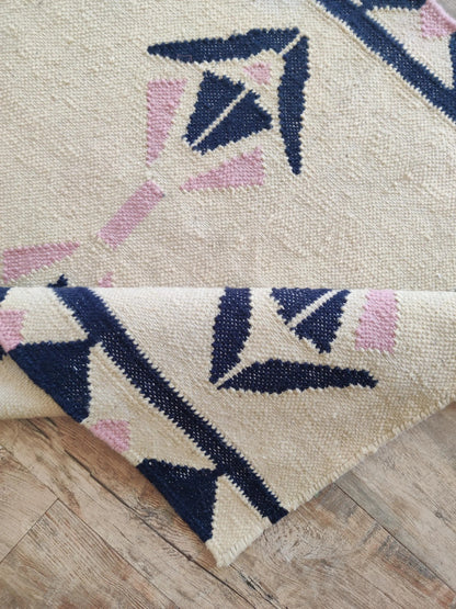 Handmade  Navy Blue and Pink Geometric Wool Flatweave Runner Rug