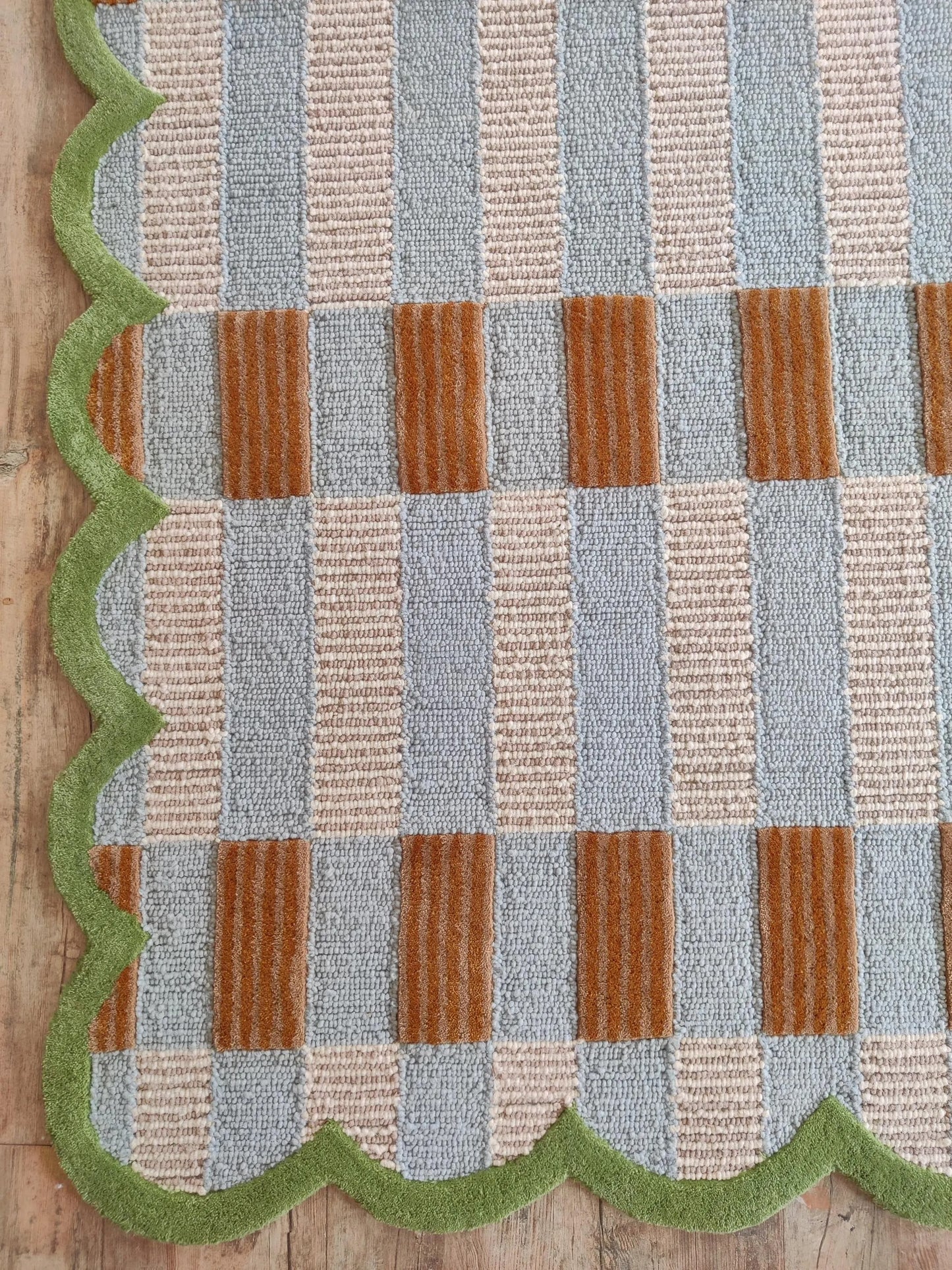 Scalloped Checkered Hallway Runner, Blue-Brown-Green Geometric Runner
