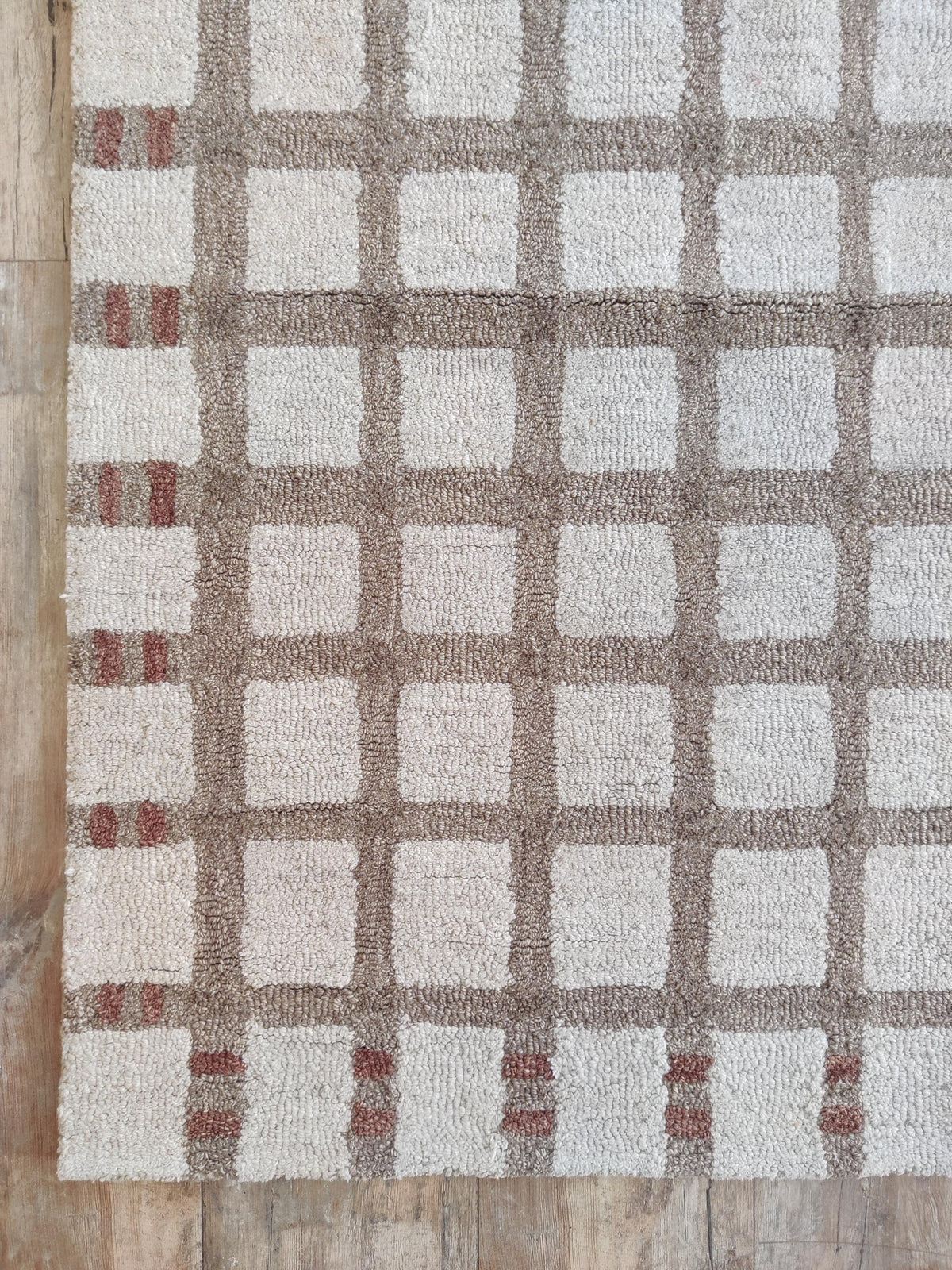 Hand Tufted Wool Rug, Beige Checkered Carpet, Rust Geometric Area Rug