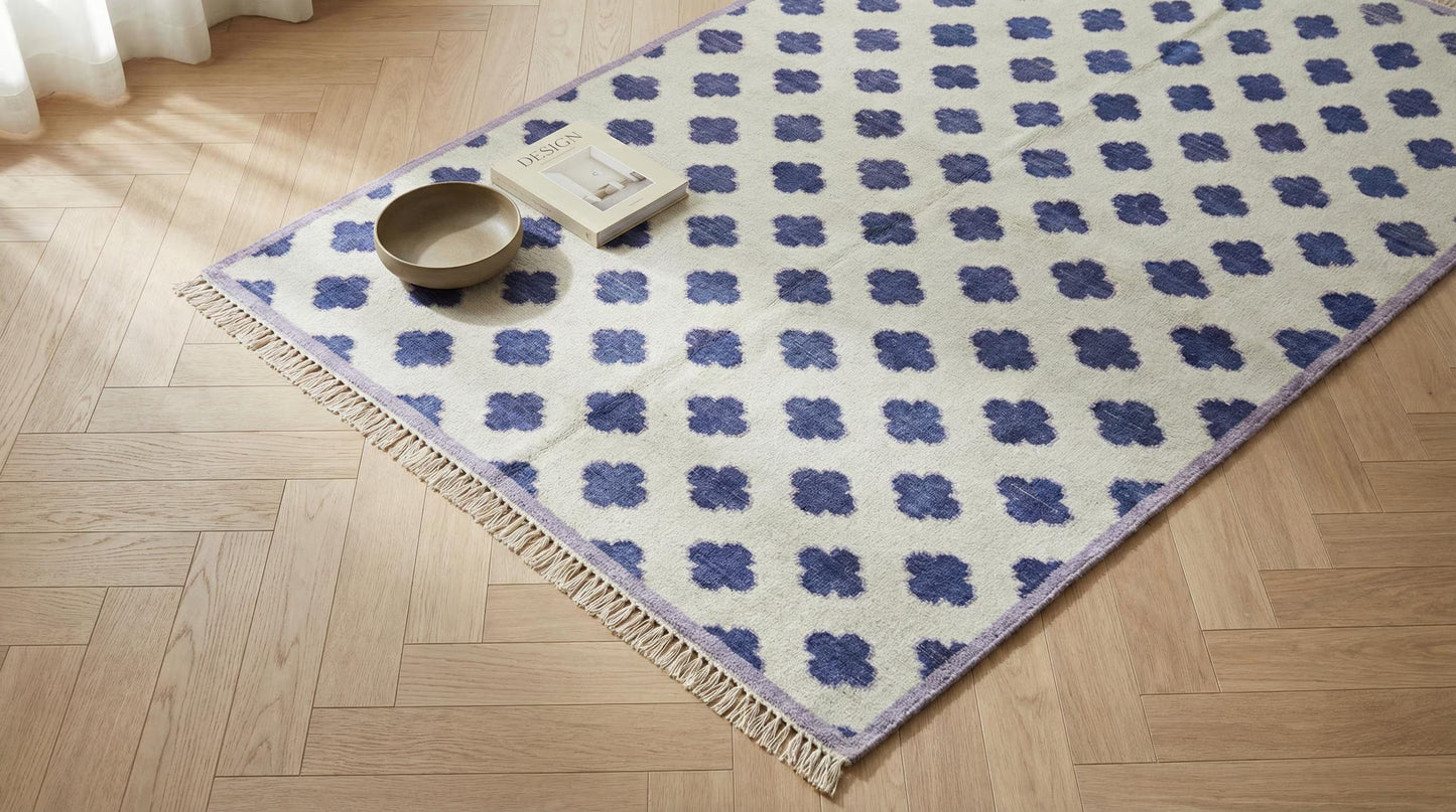 Premium Neutral Blue Geometric Wool Oushak Rug