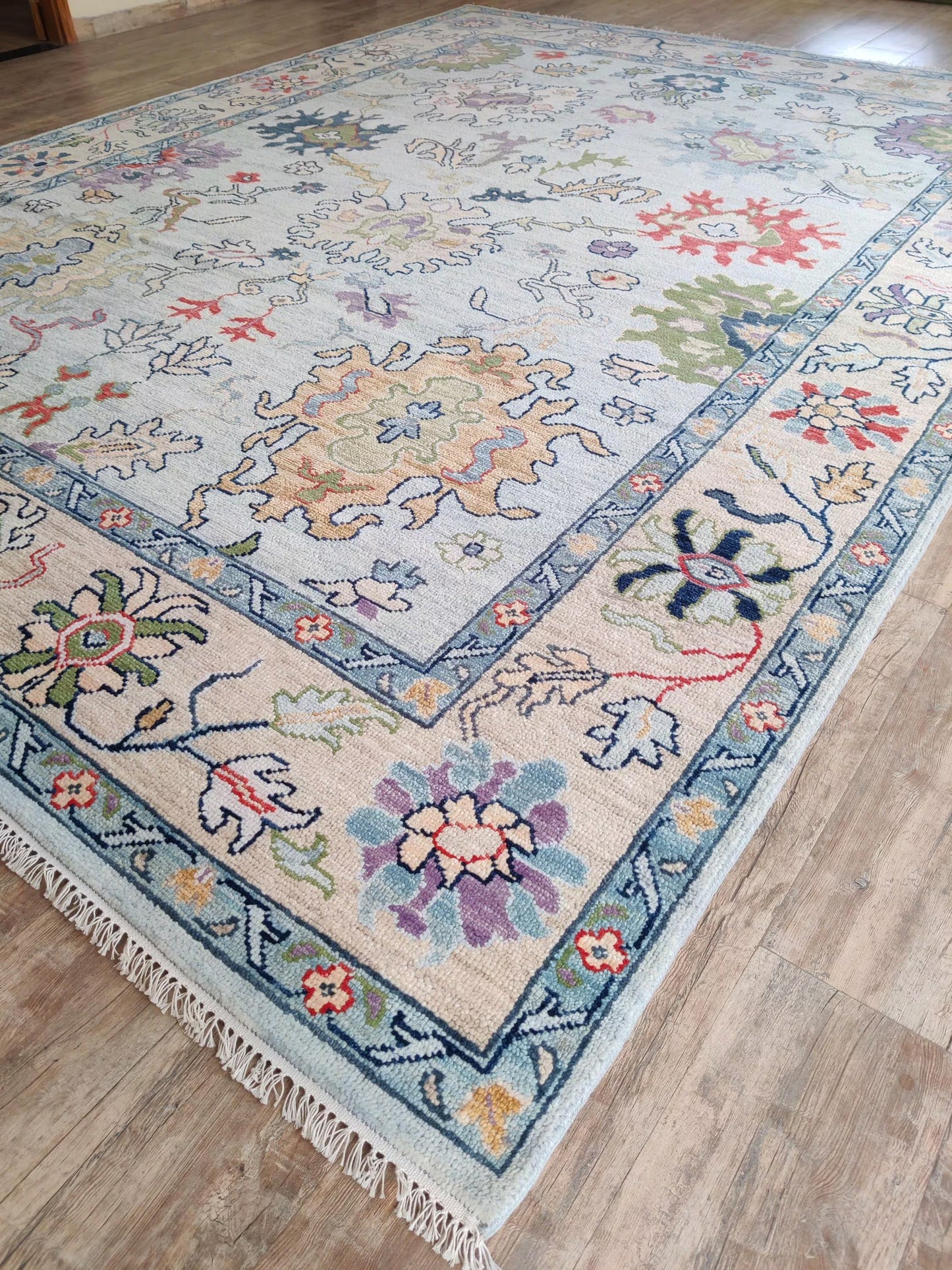 Vintage Floral Pastel Botanical Wool Hand Knotted Oushak Rug