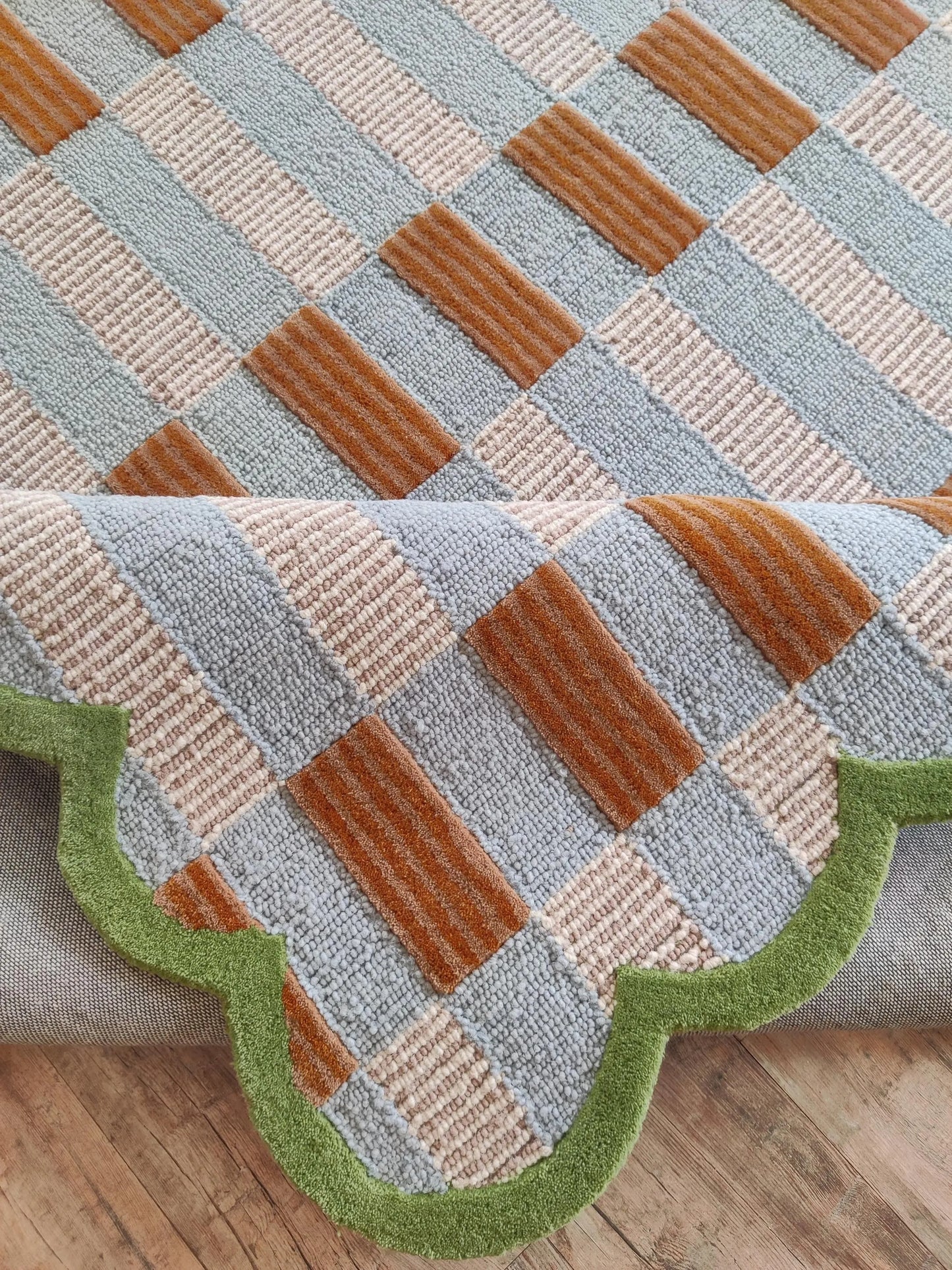 Scalloped Checkered Hallway Runner, Blue-Brown-Green Geometric Runner