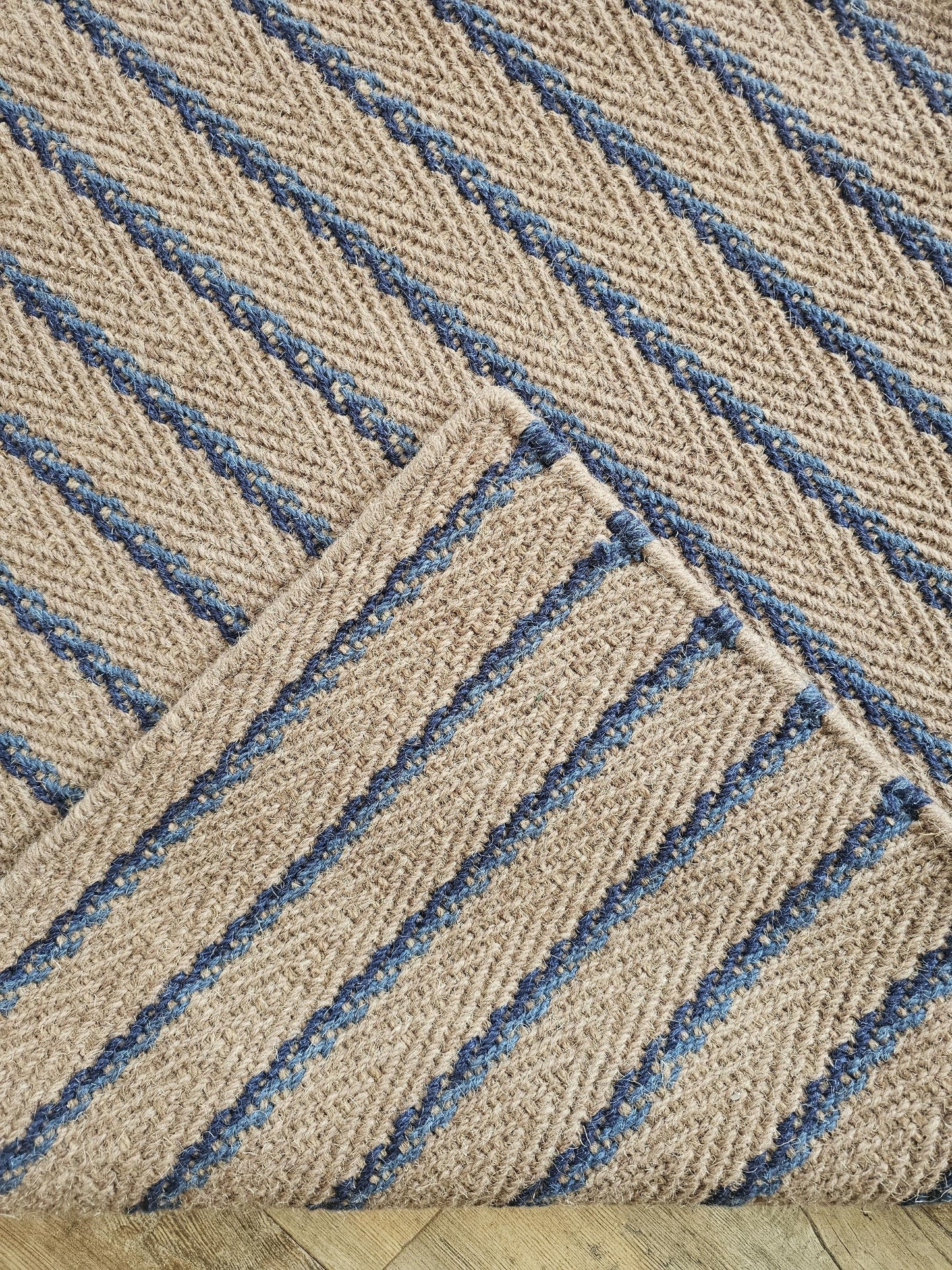 Neutral Beige Blue Chevron Stripes Hallway Stair Runner