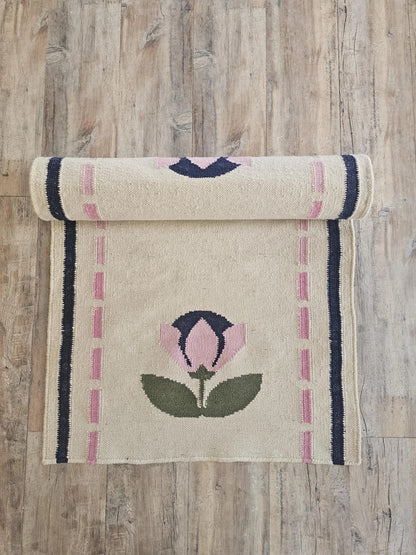 Handwoven Pink Floral Wool Flatweave Runner Rug