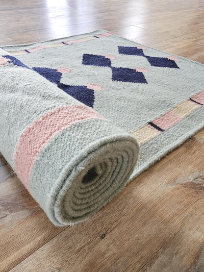 Blue Navy Geometric Pink Accent Boho Wool Flatweave Runner Rug