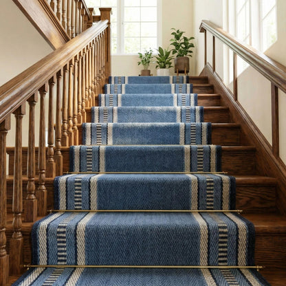 Blue Herringbone Stripes, Long Hallway Stair Runner
