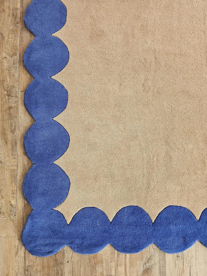 Blue Beige Hand Tufted Wool Runner Rug, Scalloped Edge Hallway Carpet