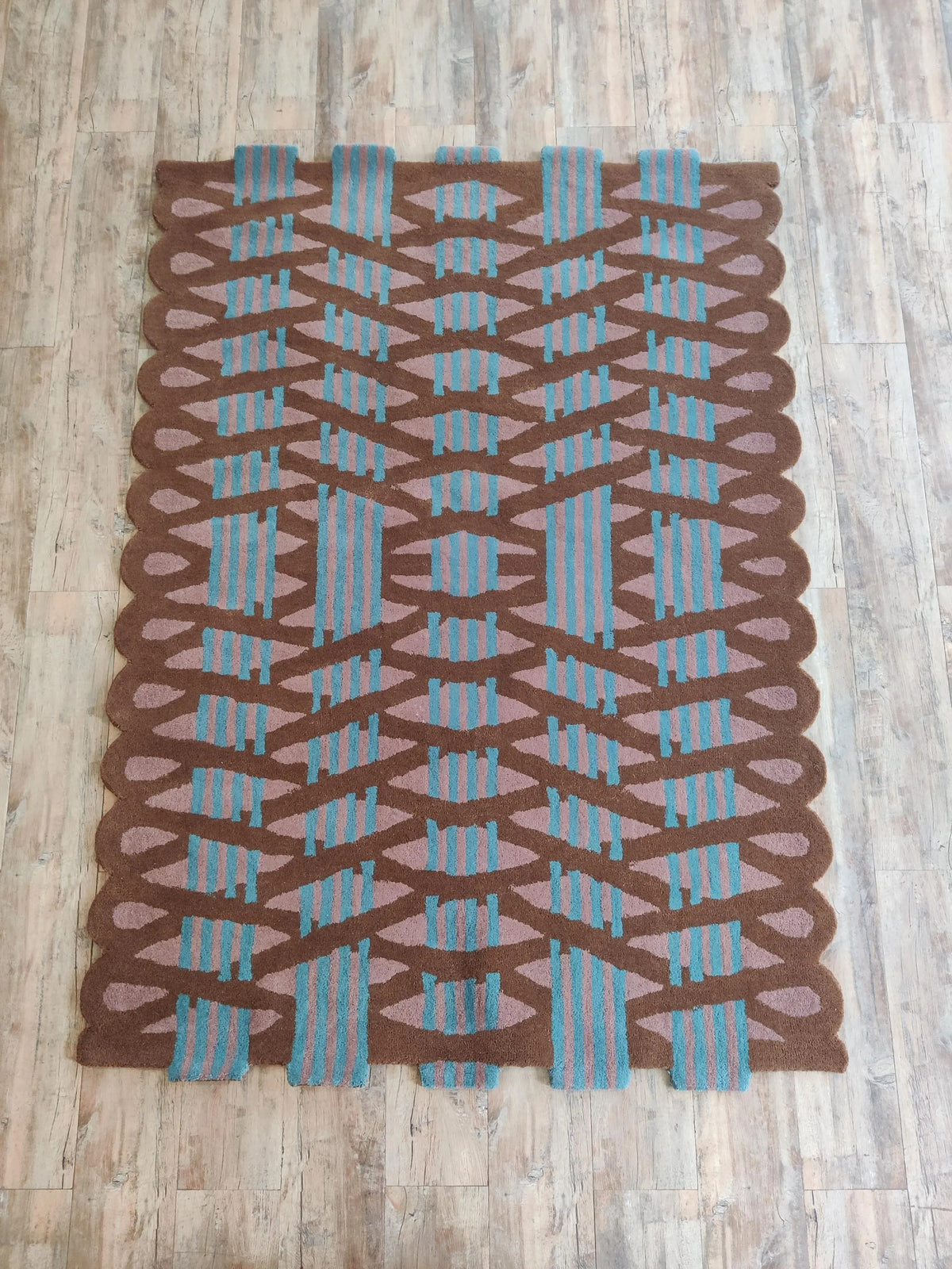Scalloped Edge Geometric Rug, Brown Teal & Blush Modern Abstract Tufted Area Rug