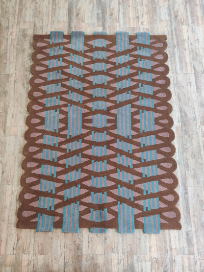 Scalloped Edge Geometric Rug, Brown Teal & Blush Modern Abstract Tufted Area Rug