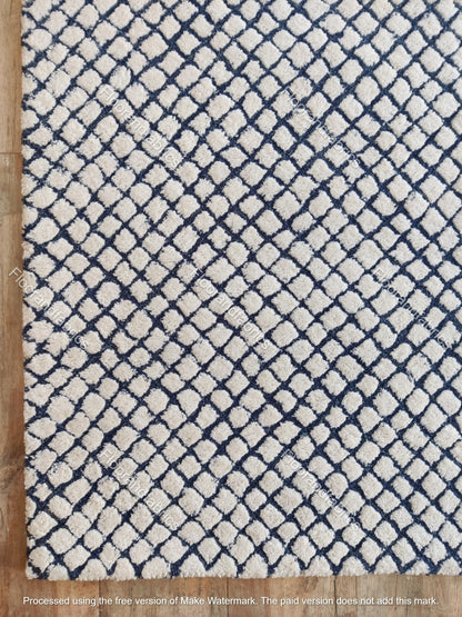 Blue & Ivory Hand Tufted Wool Rug, Modern Checkered Area Rug