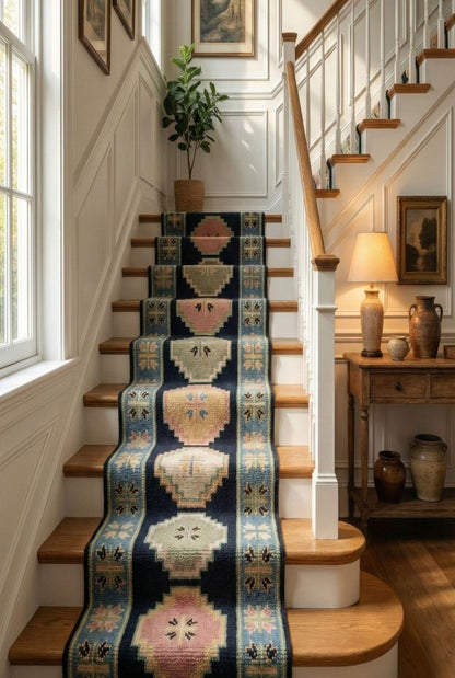 Hand-Knotted Wool Oushak Blue-Pink-Cream Modern -Style Stair Runner