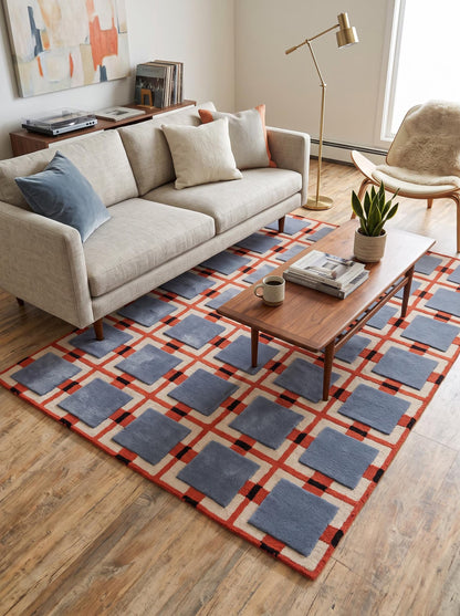 Blue Terracotta Geometric Wool Tufted Rug