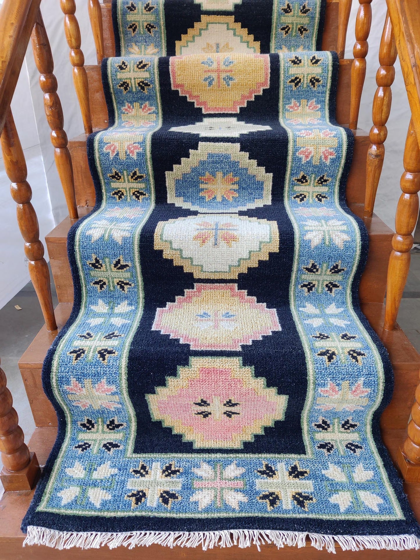 Hand-Knotted Wool Oushak Blue-Pink-Cream Modern -Style Stair Runner