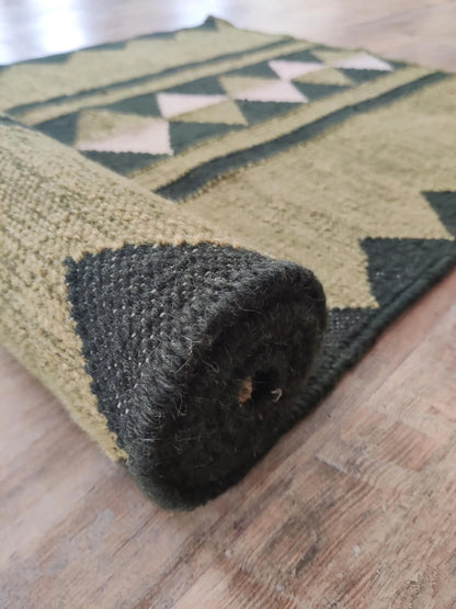 Handmade Geometric Olive Green Wool Runner Rug