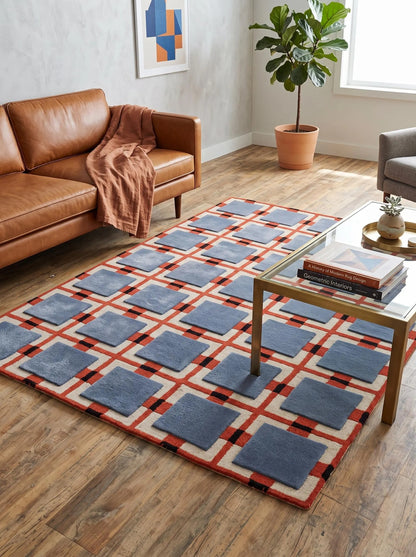 Blue Terracotta Geometric Wool Tufted Rug