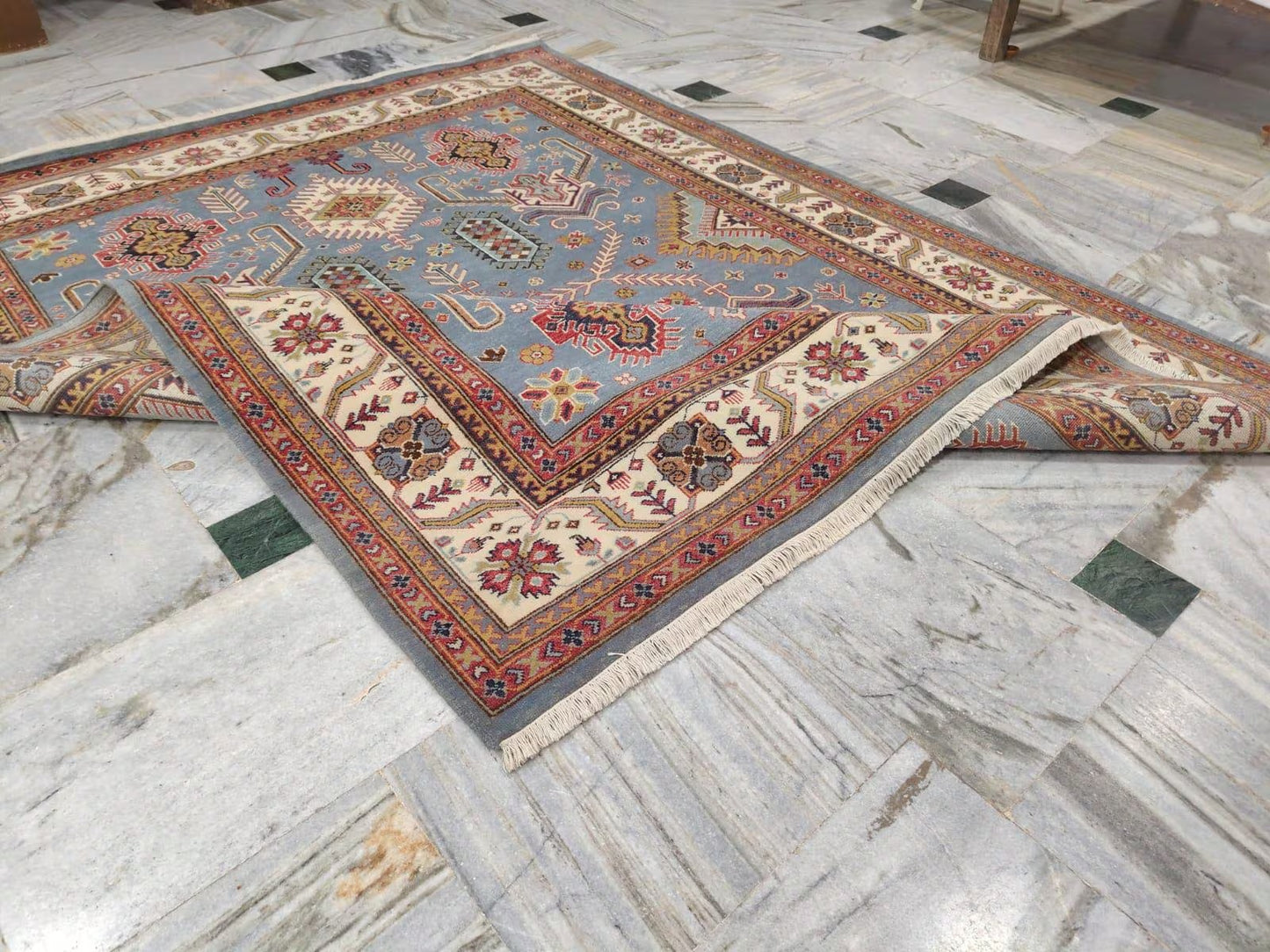 Hand-Knotted Wool Oushak Rug, Blue Tribal Area Carpet, Geometric Floral Modern Rug