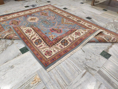 Hand-Knotted Wool Oushak Rug, Blue Tribal Area Carpet, Geometric Floral Modern Rug
