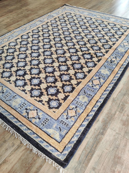 Hand Knotted Oushak Wool Rug Navy Blue & Peach Area Rug