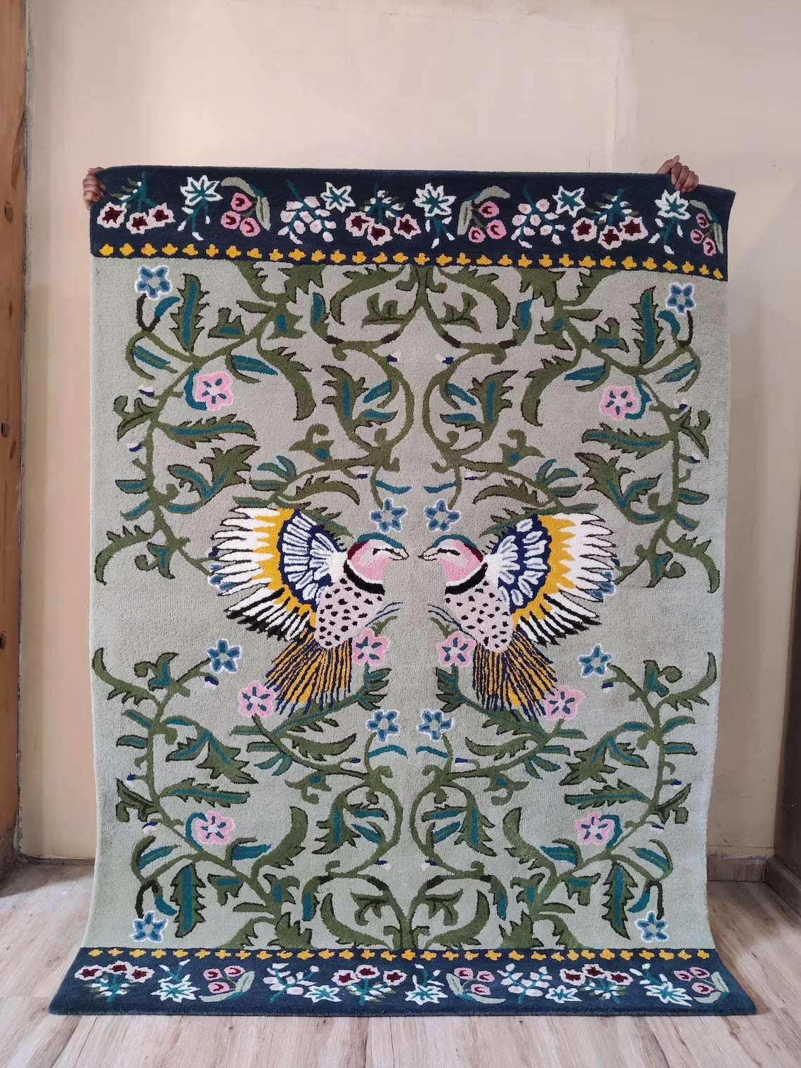 Hand-Tufted Wool Rug, Bird Floral Carpet, Nature-Inspired Area Rug, Custom-Size Wool Rug