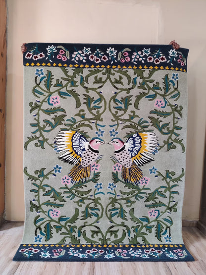 Hand-Tufted Wool Rug, Bird Floral Carpet, Nature-Inspired Area Rug, Custom-Size Wool Rug