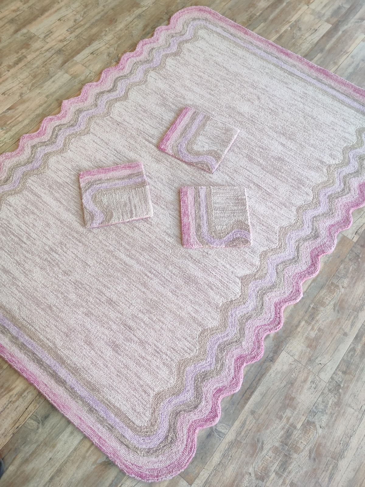 Hand Tufted Wool Carpet, Pink Scalloped Rug, Custom Shape Area Rug