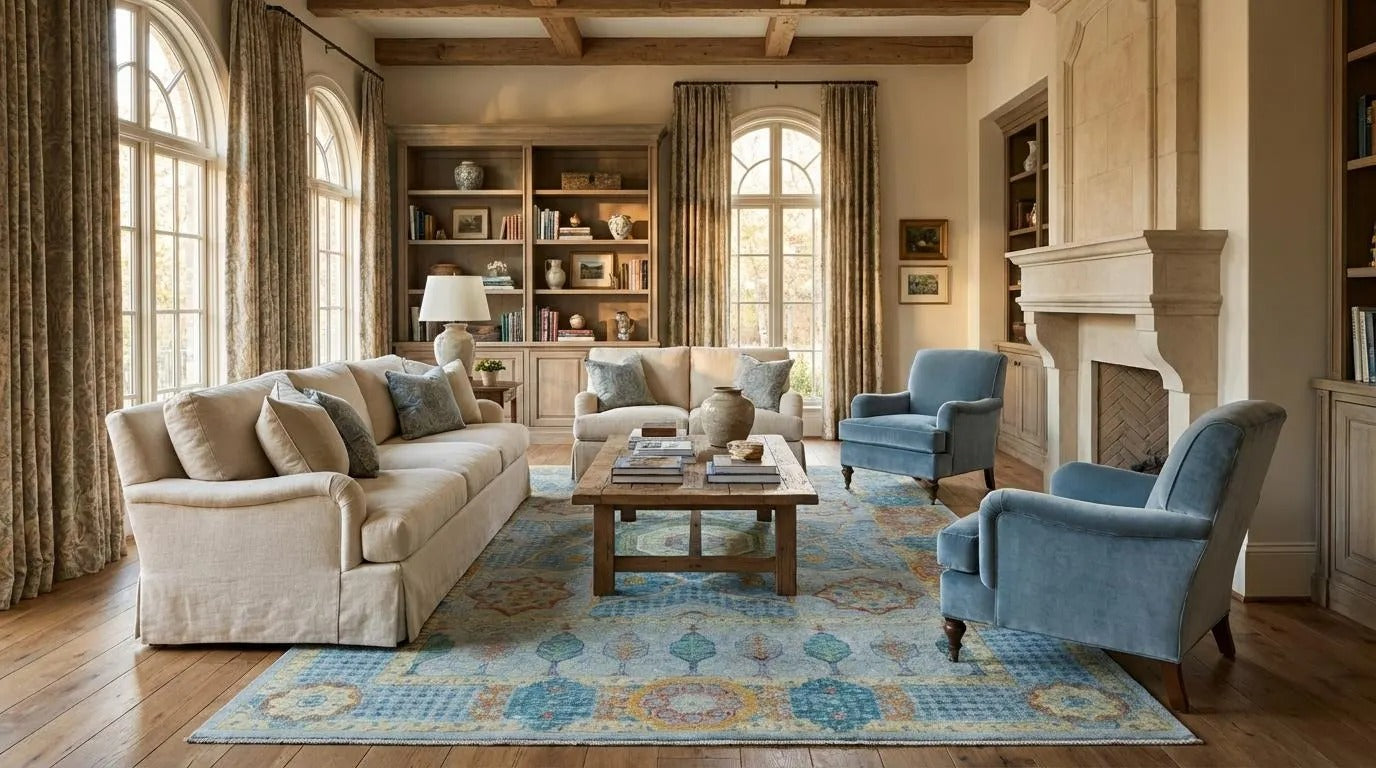 Royal Cypress Azure Oushak Traditional Turkish Style Carpet