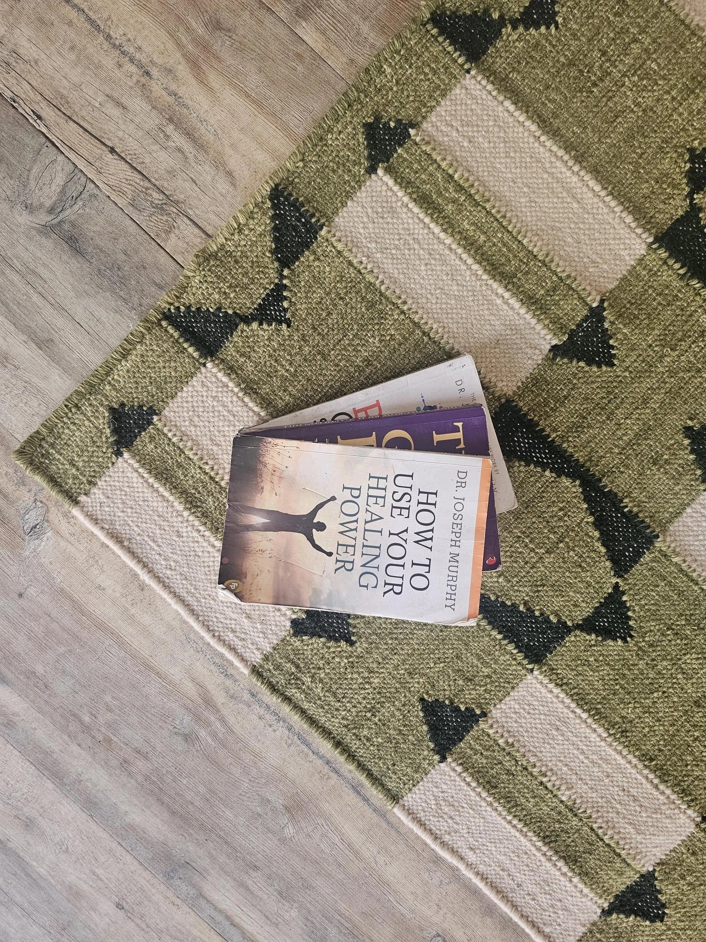 Olive Green Wool Runner Rug, Handmade Geometric Hallway Runner