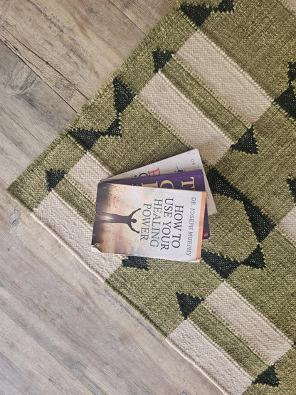 Olive Green Wool Runner Rug, Handmade Geometric Hallway Runner