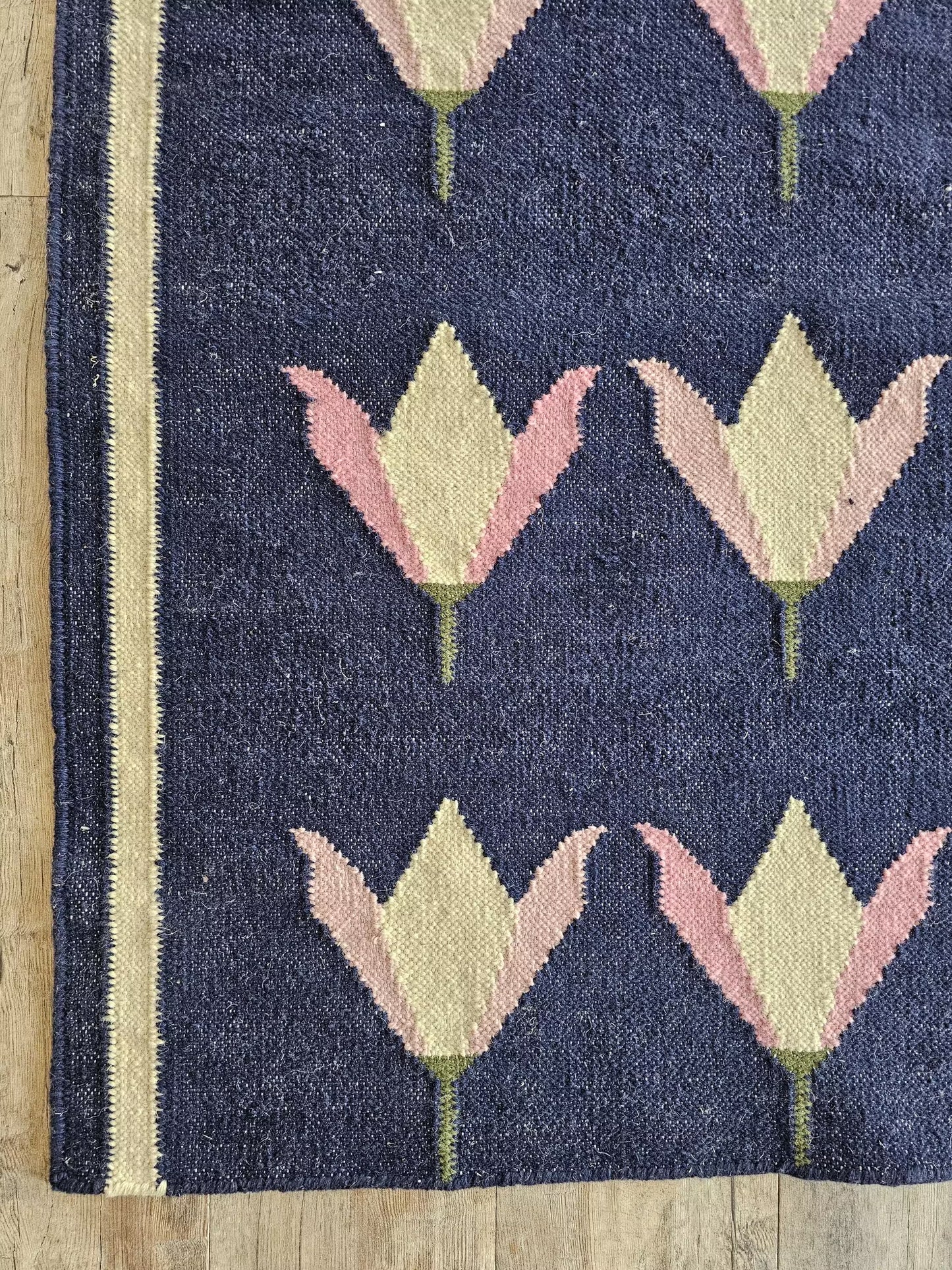 Handwoven Blue Floral Wool Flatweave Runner Rug