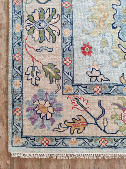Vintage Floral Pastel Botanical Wool Hand Knotted Oushak Rug