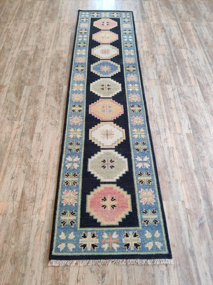 Hand-Knotted Wool Oushak Blue-Pink-Cream Modern -Style Stair Runner