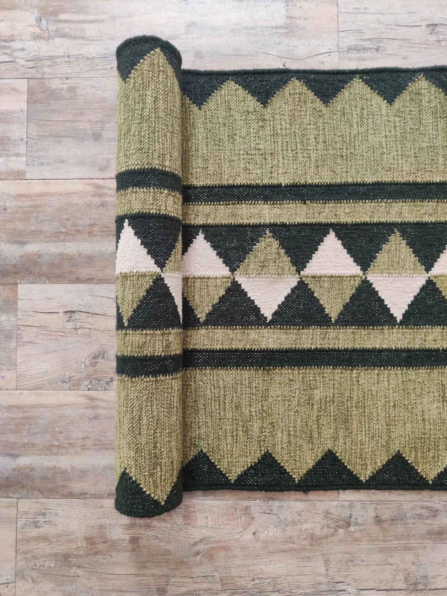 Handmade Geometric Olive Green Wool Runner Rug