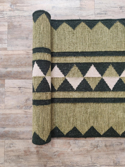 Handmade Geometric Olive Green Wool Runner Rug