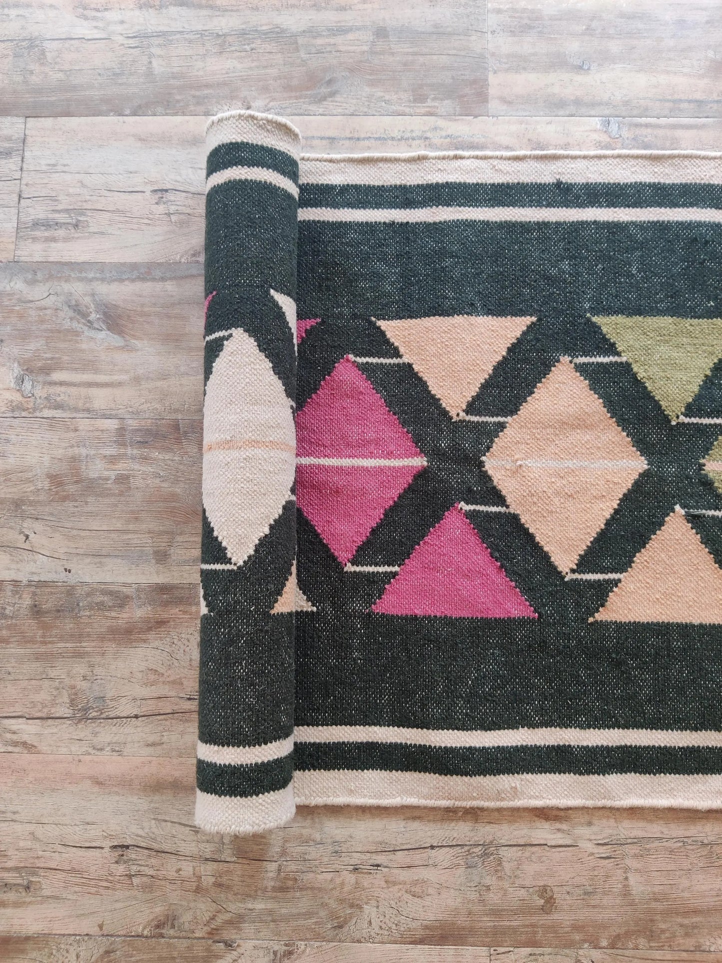 Handmade Wool Runner Rug Black Geometric Tribal Runner