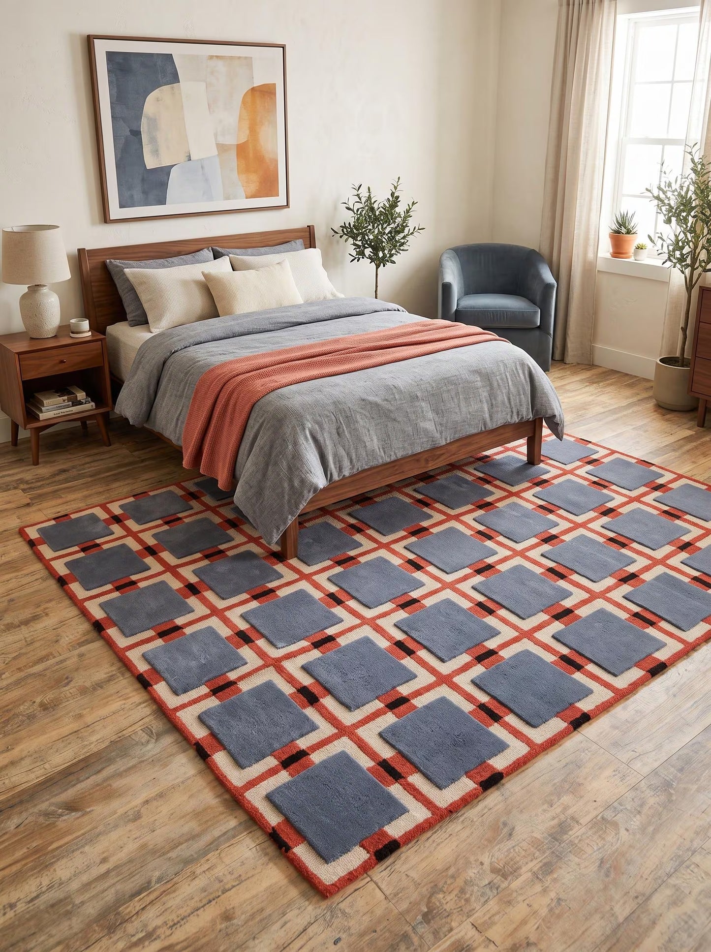 Blue Terracotta Geometric Wool Tufted Rug