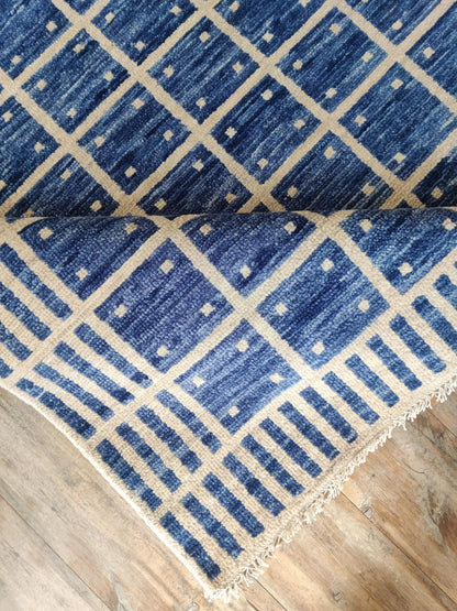 Luxury Indigo Oushak Floor Rug with Striped Border carpet