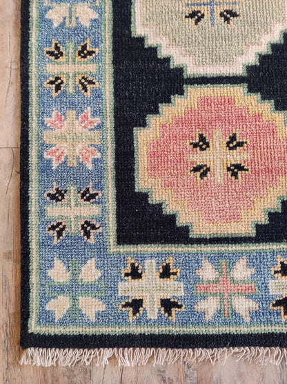 Hand-Knotted Wool Oushak Blue-Pink-Cream Modern -Style Stair Runner