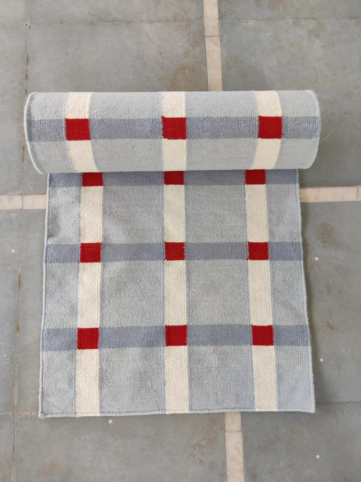 Handwoven Wool Runner Rug, Plaid Hallway Wool Checkered Runner