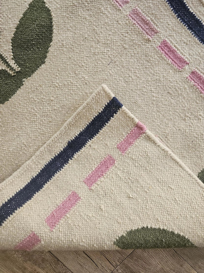 Handwoven Pink Floral Wool Flatweave Runner Rug