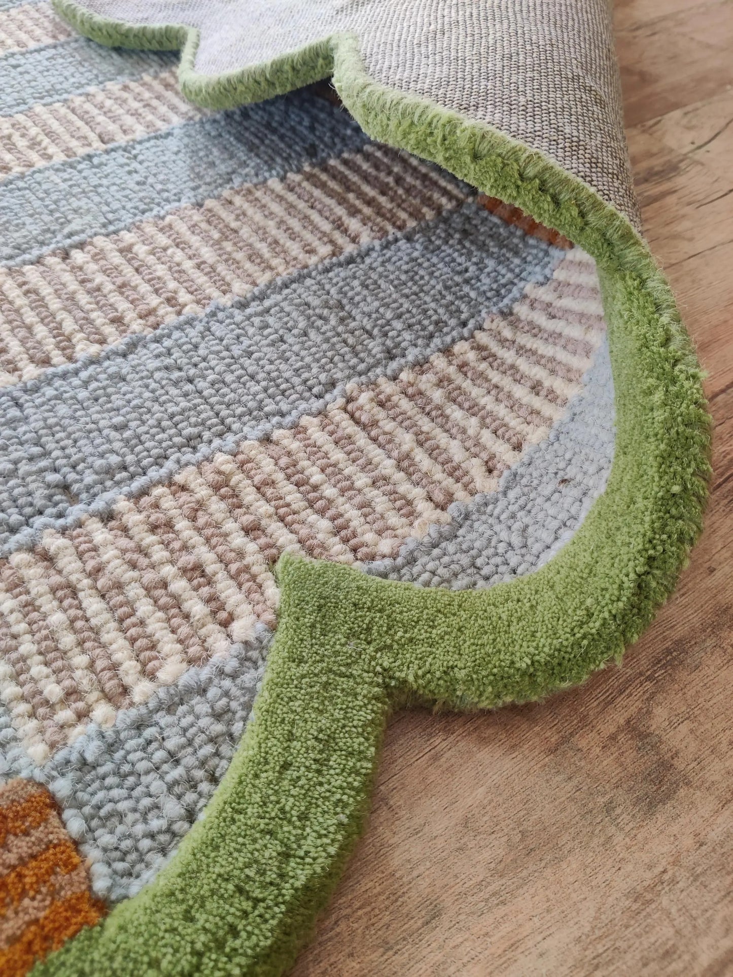 Scalloped Checkered Hallway Runner, Blue-Brown-Green Geometric Runner