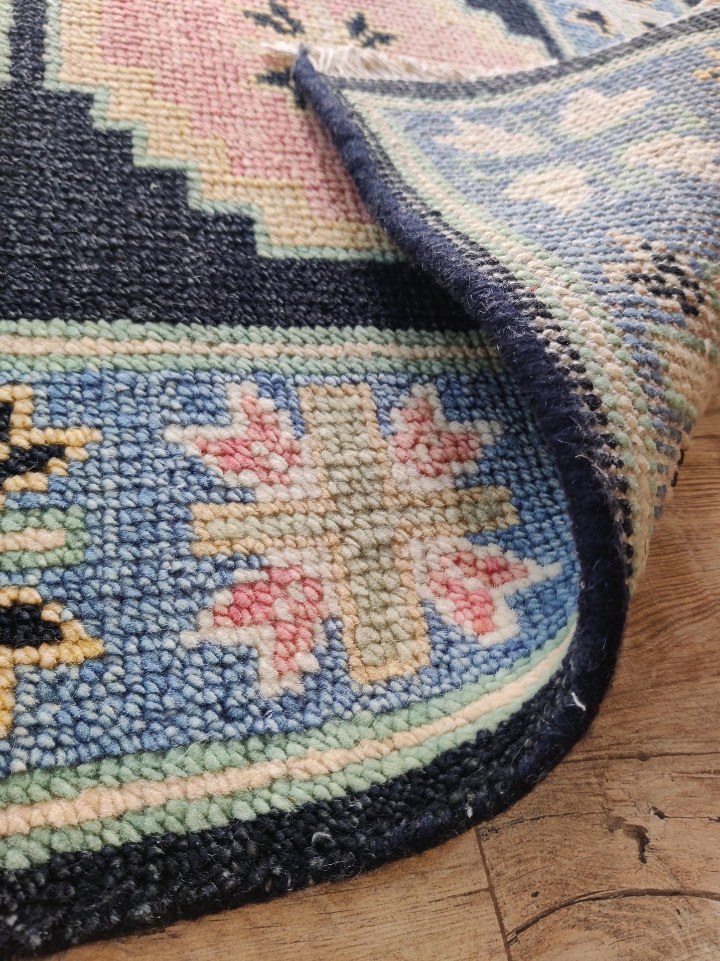 Hand-Knotted Wool Oushak Blue-Pink-Cream Modern -Style Stair Runner