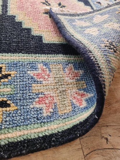 Hand-Knotted Wool Oushak Blue-Pink-Cream Modern -Style Stair Runner
