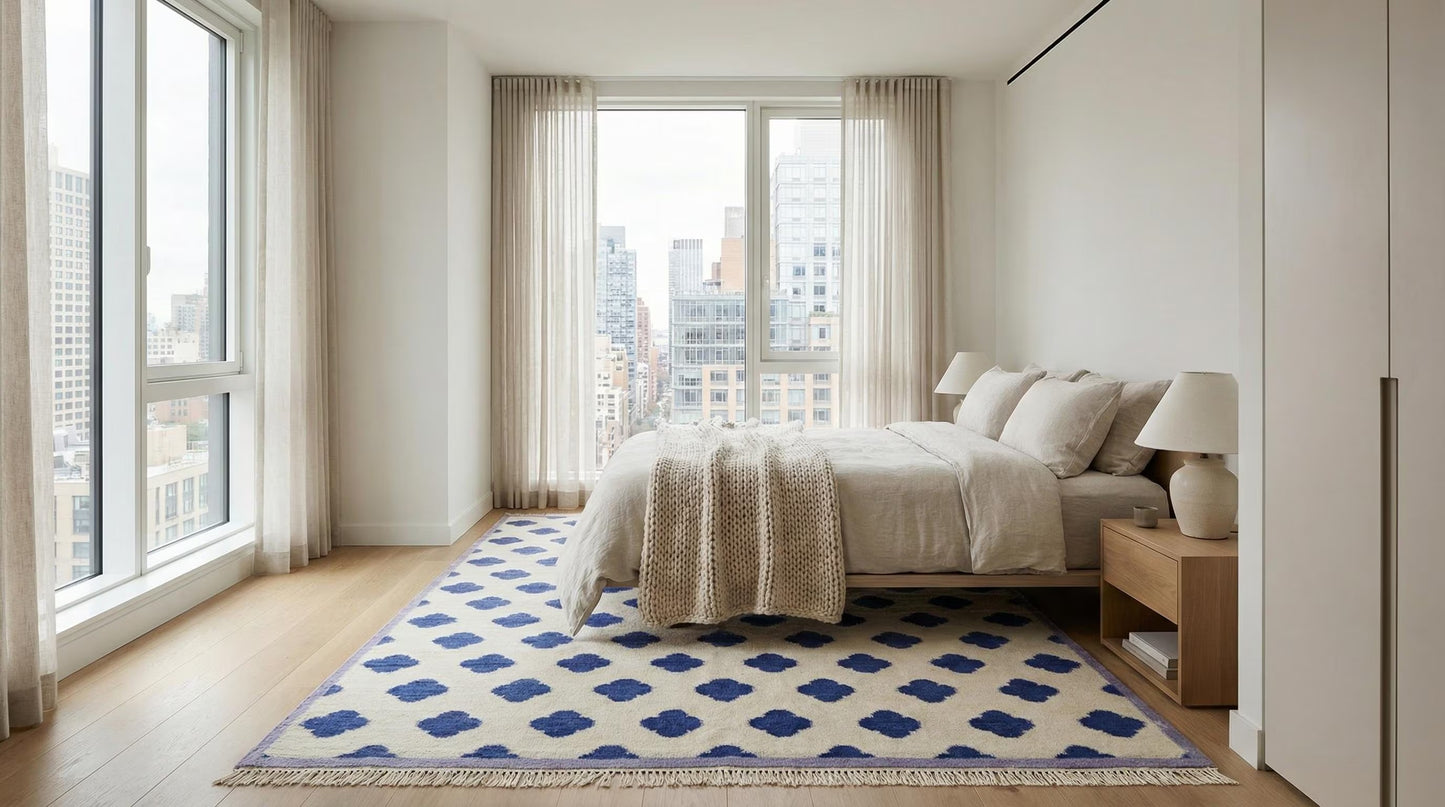 Premium Neutral Blue Geometric Wool Oushak Rug