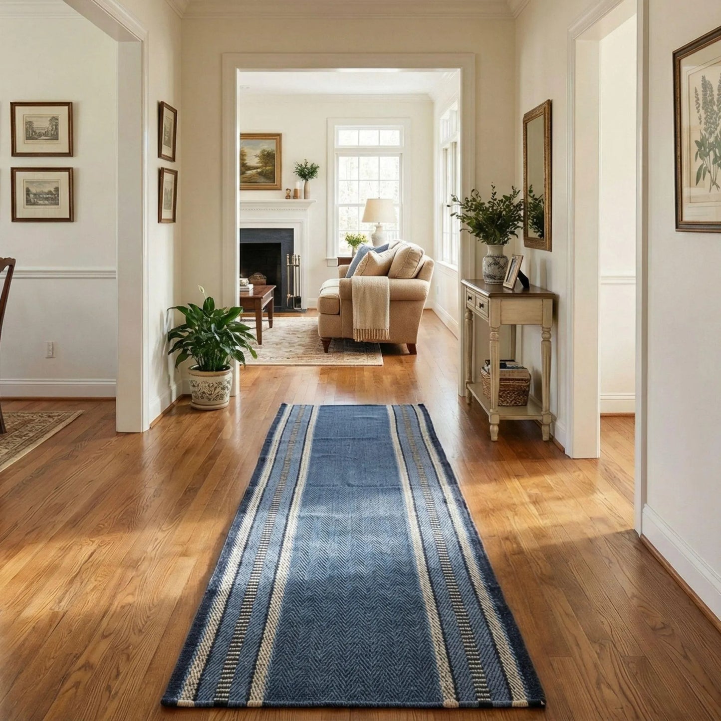 Blue Herringbone Stripes, Long Hallway Stair Runner