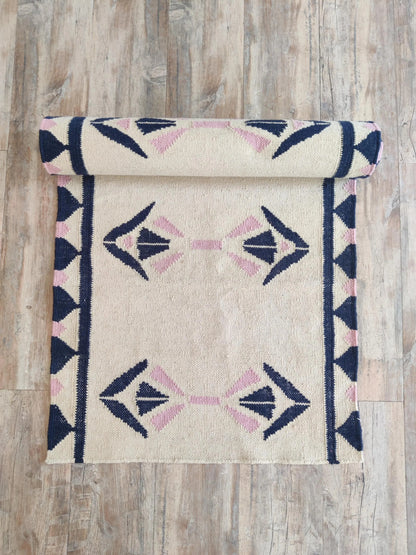 Handmade  Navy Blue and Pink Geometric Wool Flatweave Runner Rug