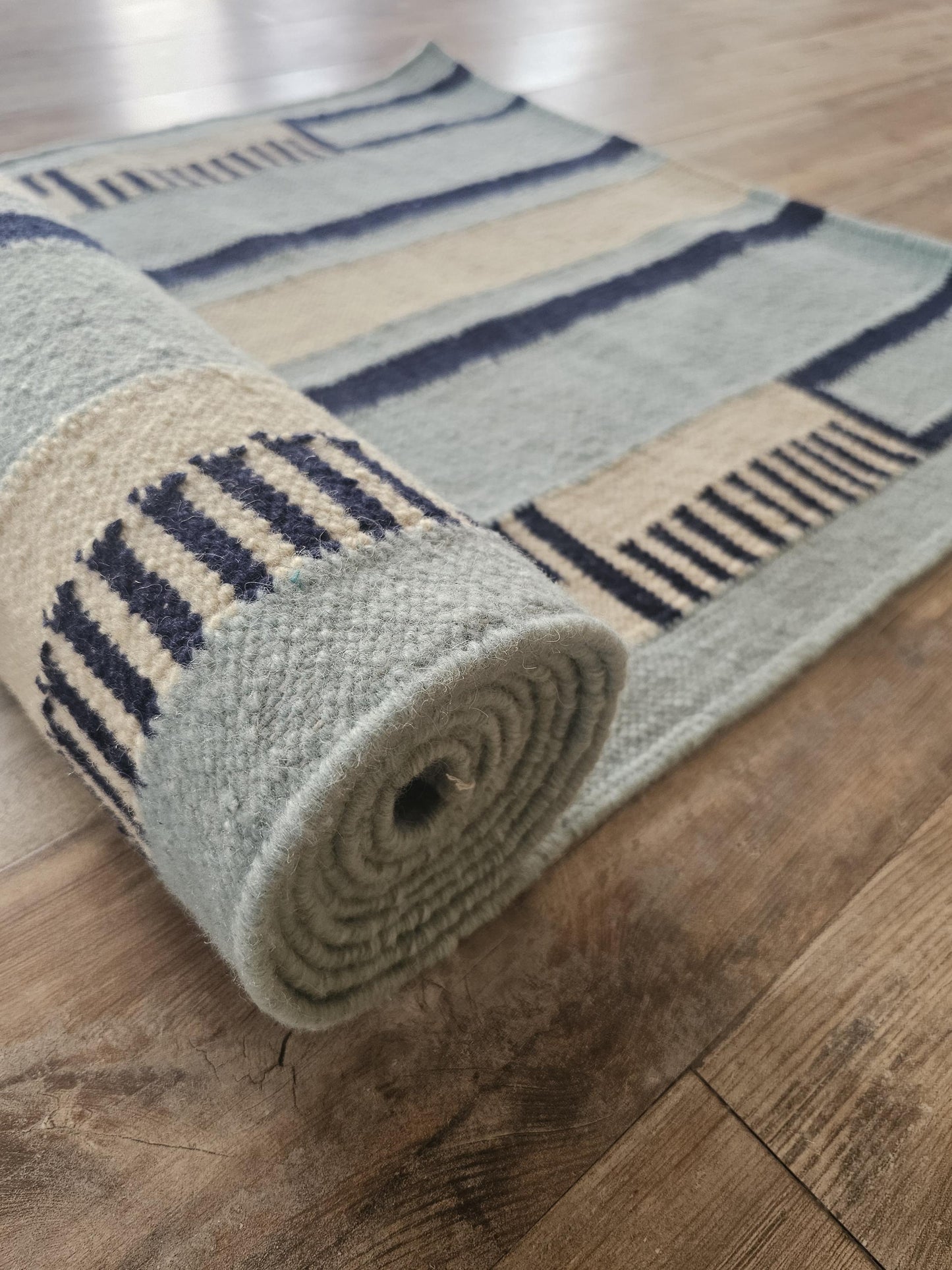 Blue Striped Wool Flatweave Runner Rug Modern Kitchen Runner