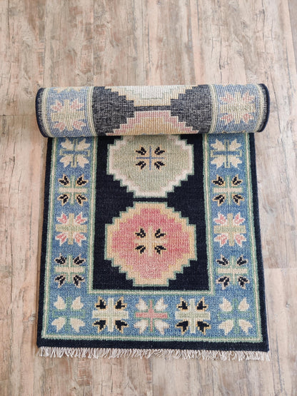 Hand-Knotted Wool Oushak Blue-Pink-Cream Modern -Style Stair Runner
