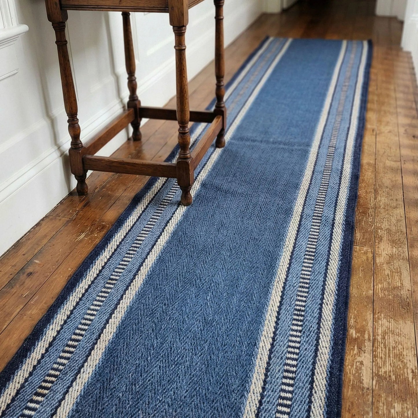 Blue Herringbone Stripes, Long Hallway Stair Runner