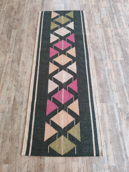 Handmade Wool Runner Rug Black Geometric Tribal Runner